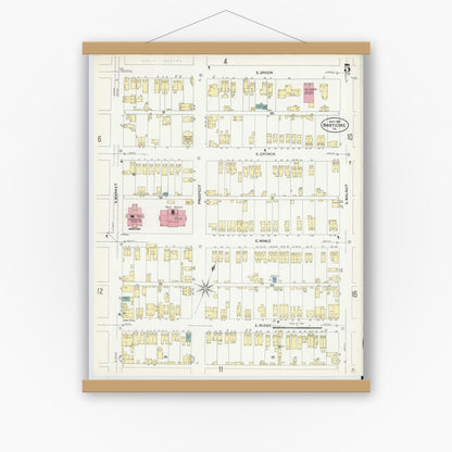 Old map wall art mockup — magnetic wood frame on white wall — Sanborn Fire Insurance Map from Nanticoke, Luzerne County, Pennsylvania (1907), Sheet #0005