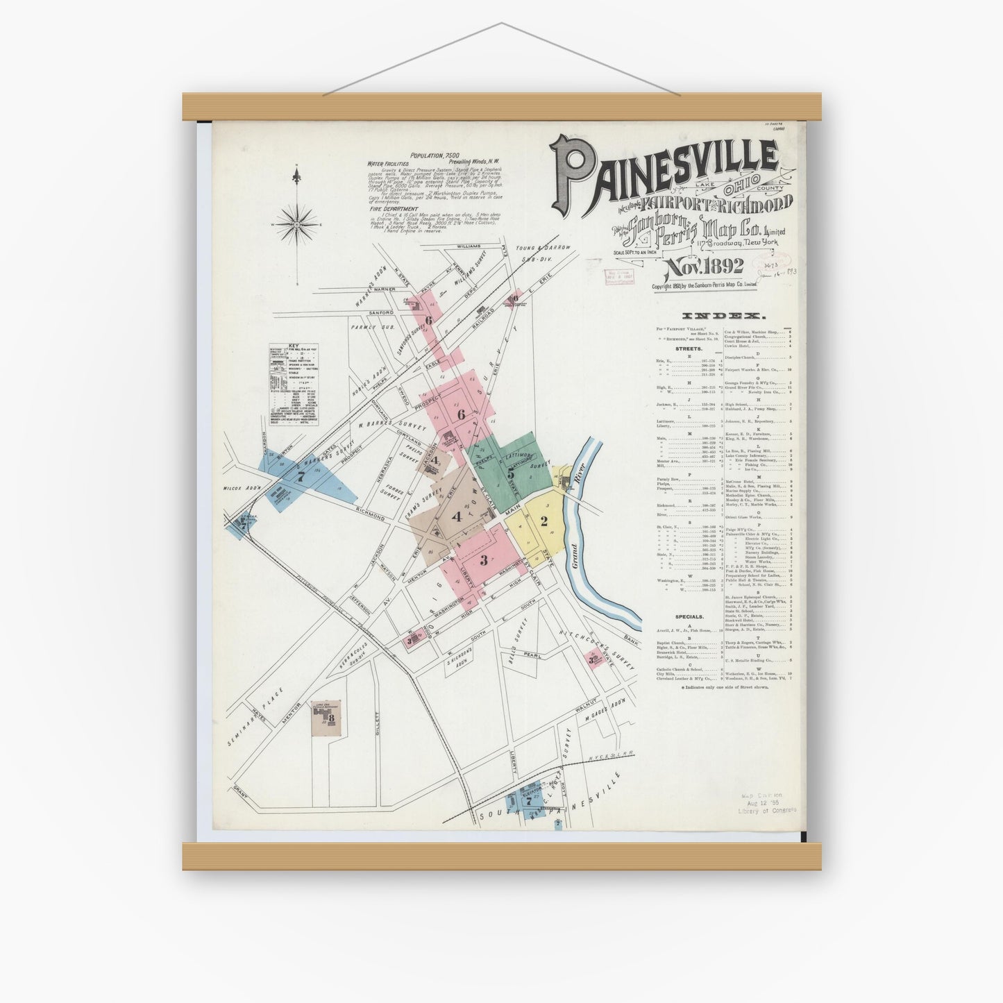 Old map wall art mockup — magnetic wood frame on white wall — Sanborn Fire Insurance Map from Painesville, Lake County, Ohio (1892), Sheet #0001