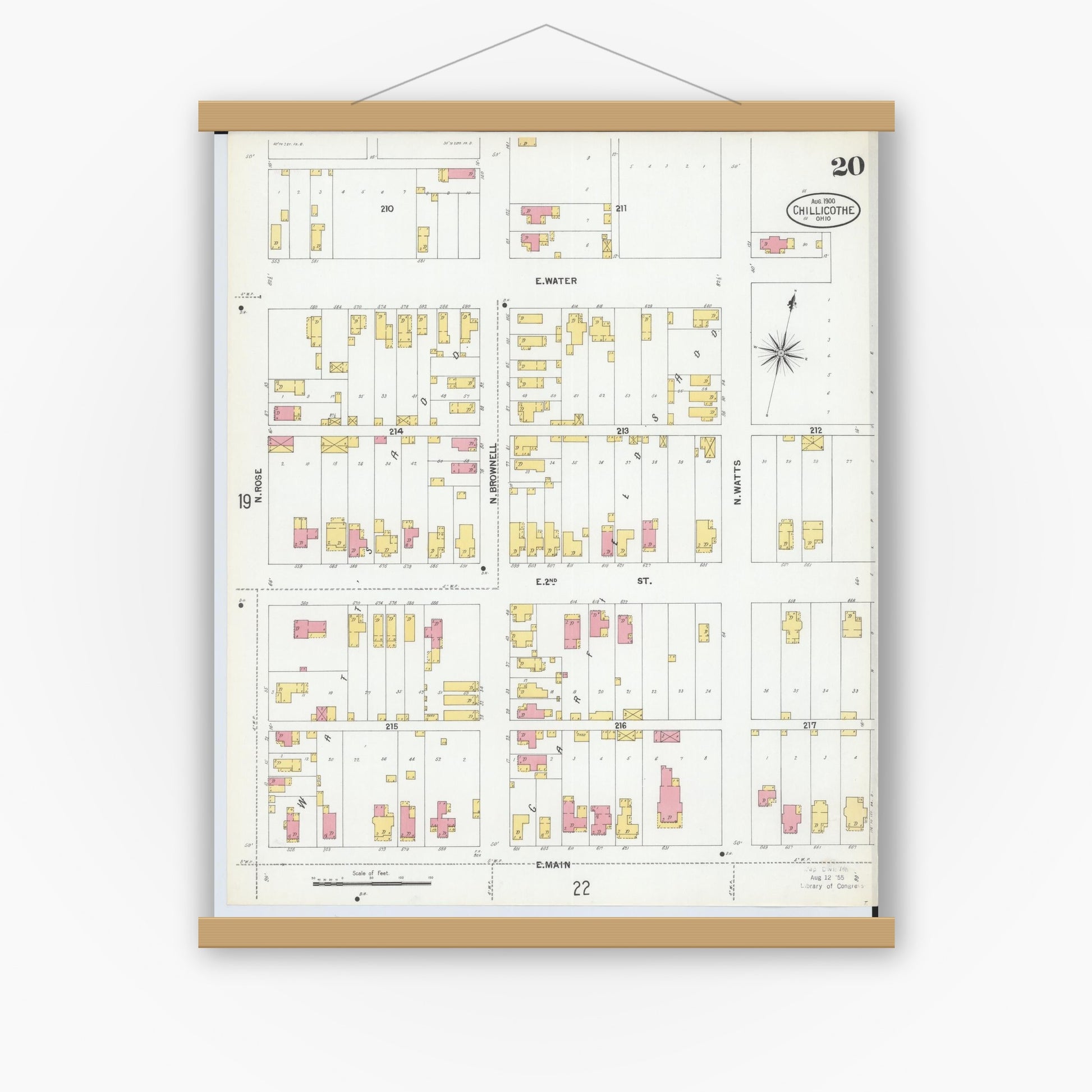 Old map wall art mockup — magnetic wood frame on white wall — Sanborn Fire Insurance Map from Chillicothe, Ross County, Ohio (1900), Sheet #0020