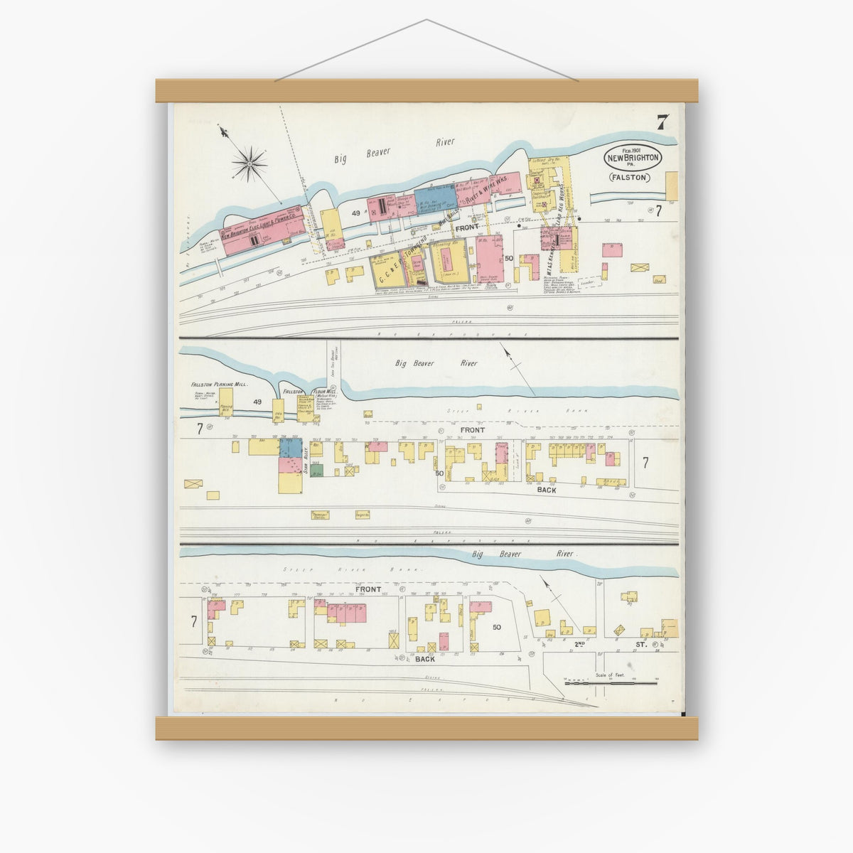 Old map wall art mockup — magnetic wood frame on white wall — Sanborn Fire Insurance Map from New Brighton, Beaver County, Pennsylvania (1901), Sheet #0007
