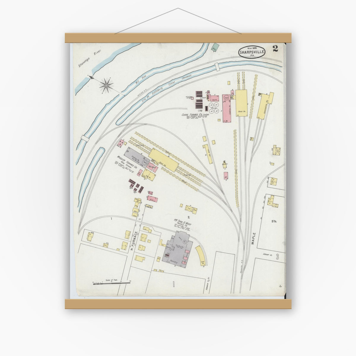 Old map wall art mockup — magnetic wood frame on white wall — Sanborn Fire Insurance Map from Sharpsville, Mercer County, Pennsylvania (1895), Sheet #0002