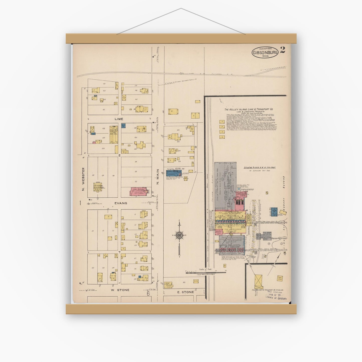 Old map wall art mockup — magnetic wood frame on white wall — Sanborn Fire Insurance Map from Gibsonburg, Sandusky County, Ohio (1922), Sheet #0002