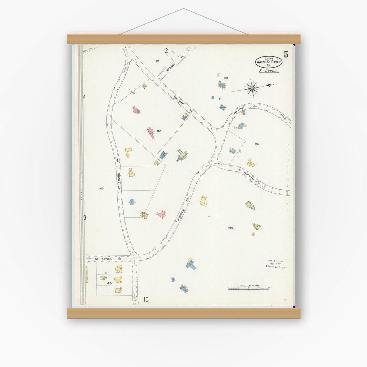 Old map wall art mockup — magnetic wood frame on white wall — Sanborn Fire Insurance Map from Wayne, Delaware County, Pennsylvania (1909), Sheet #0005
