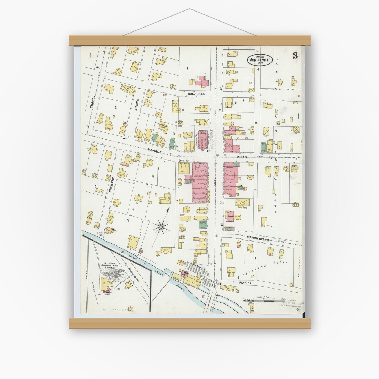 Old map wall art mockup — magnetic wood frame on white wall — Sanborn Fire Insurance Map from Monroeville, Huron County, Ohio (1899), Sheet #0003
