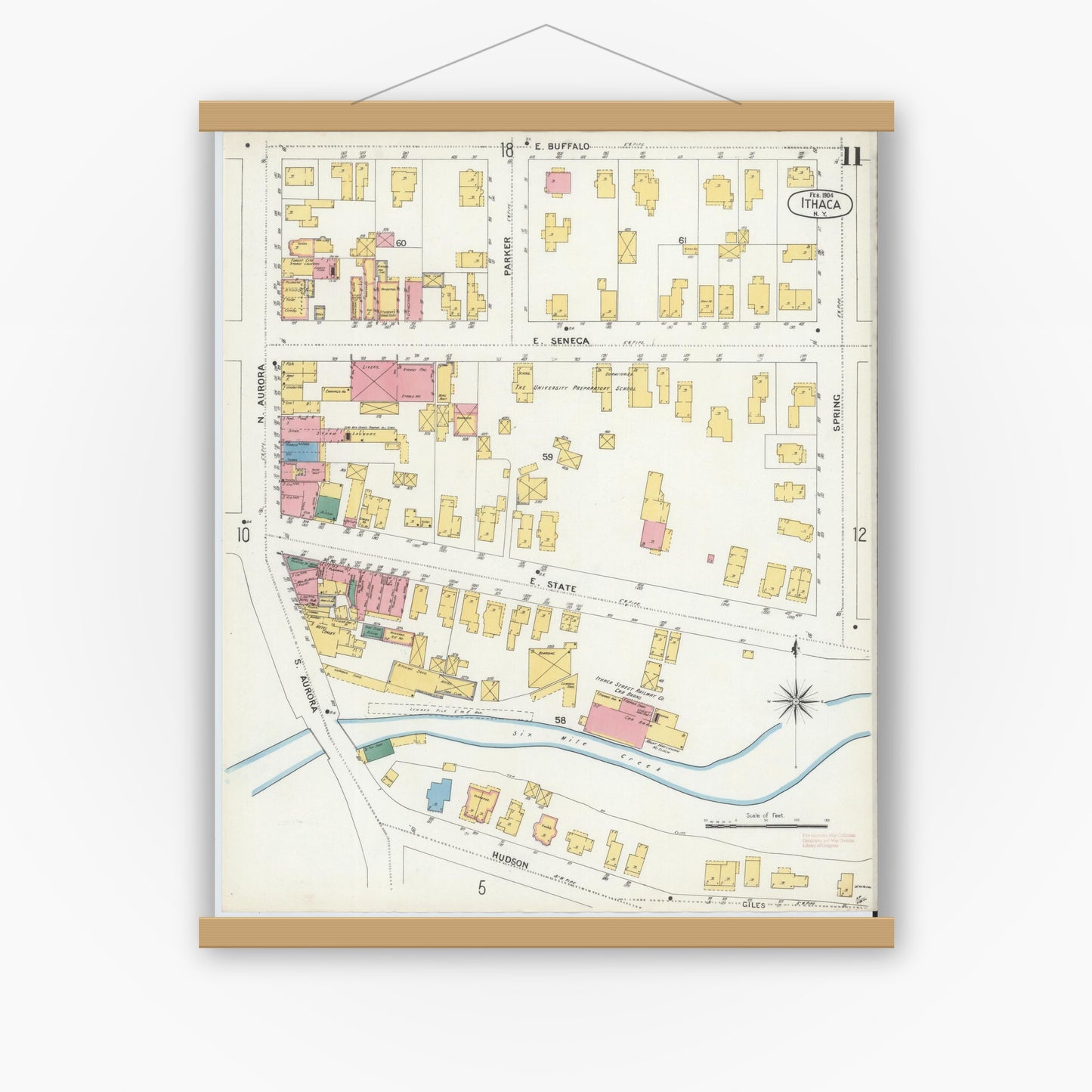 Old map wall art mockup — magnetic wood frame on white wall — Sanborn Fire Insurance Map from Ithaca, Tompkins County, New York (1904), Sheet #0011