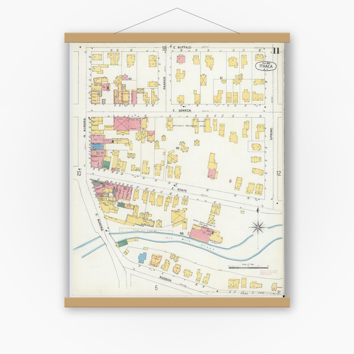 Old map wall art mockup — magnetic wood frame on white wall — Sanborn Fire Insurance Map from Ithaca, Tompkins County, New York (1904), Sheet #0011