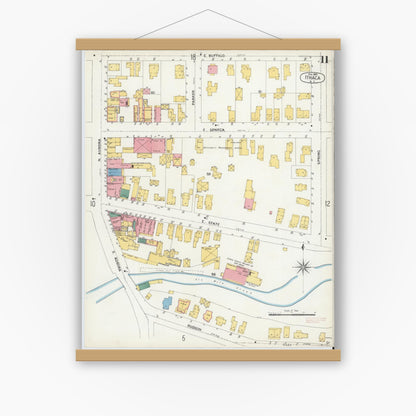 Old map wall art mockup — magnetic wood frame on white wall — Sanborn Fire Insurance Map from Ithaca, Tompkins County, New York (1904), Sheet #0011