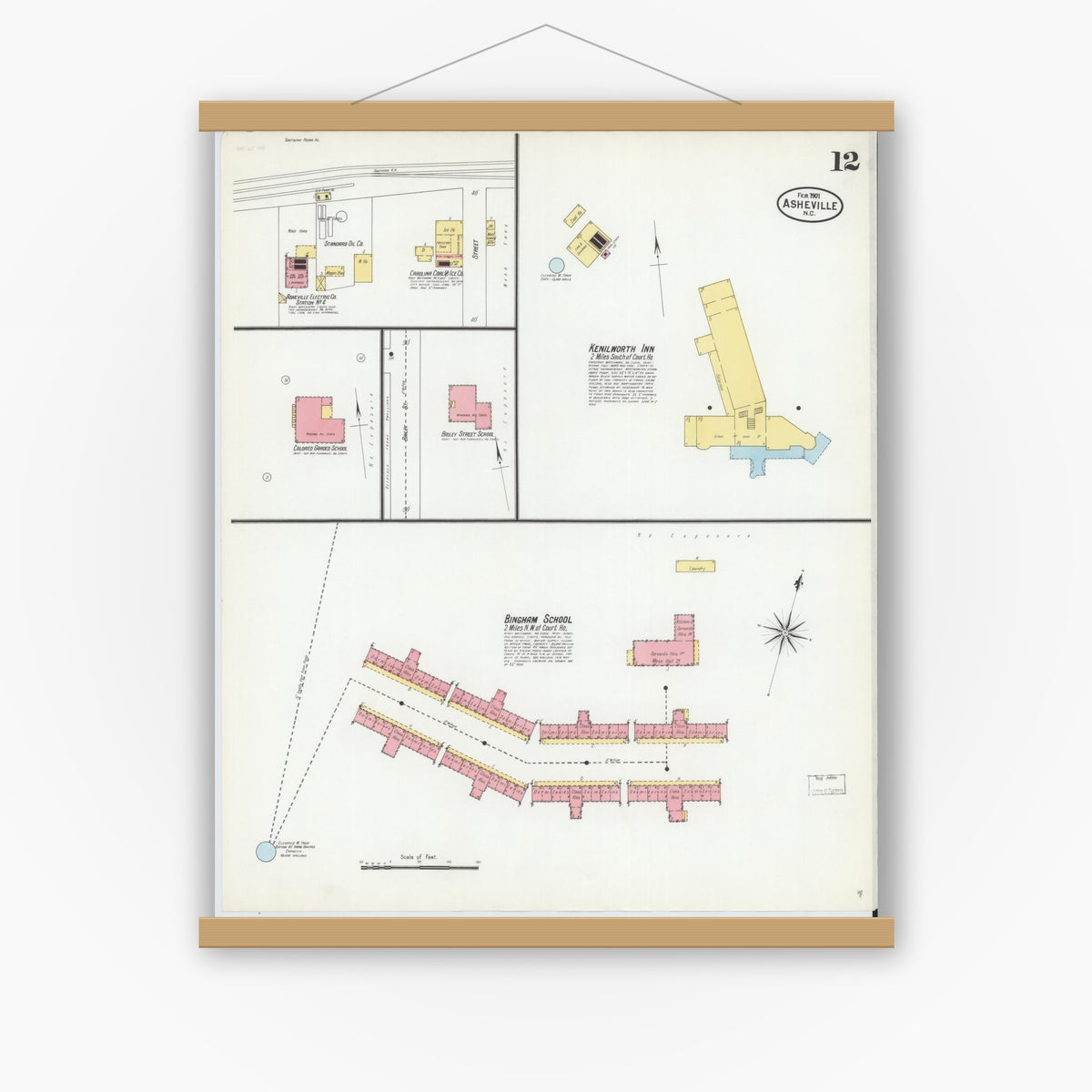 Old map wall art mockup — magnetic wood frame on white wall — Sanborn Fire Insurance Map from Asheville, Buncombe County, North Carolina (1901), Sheet #0012