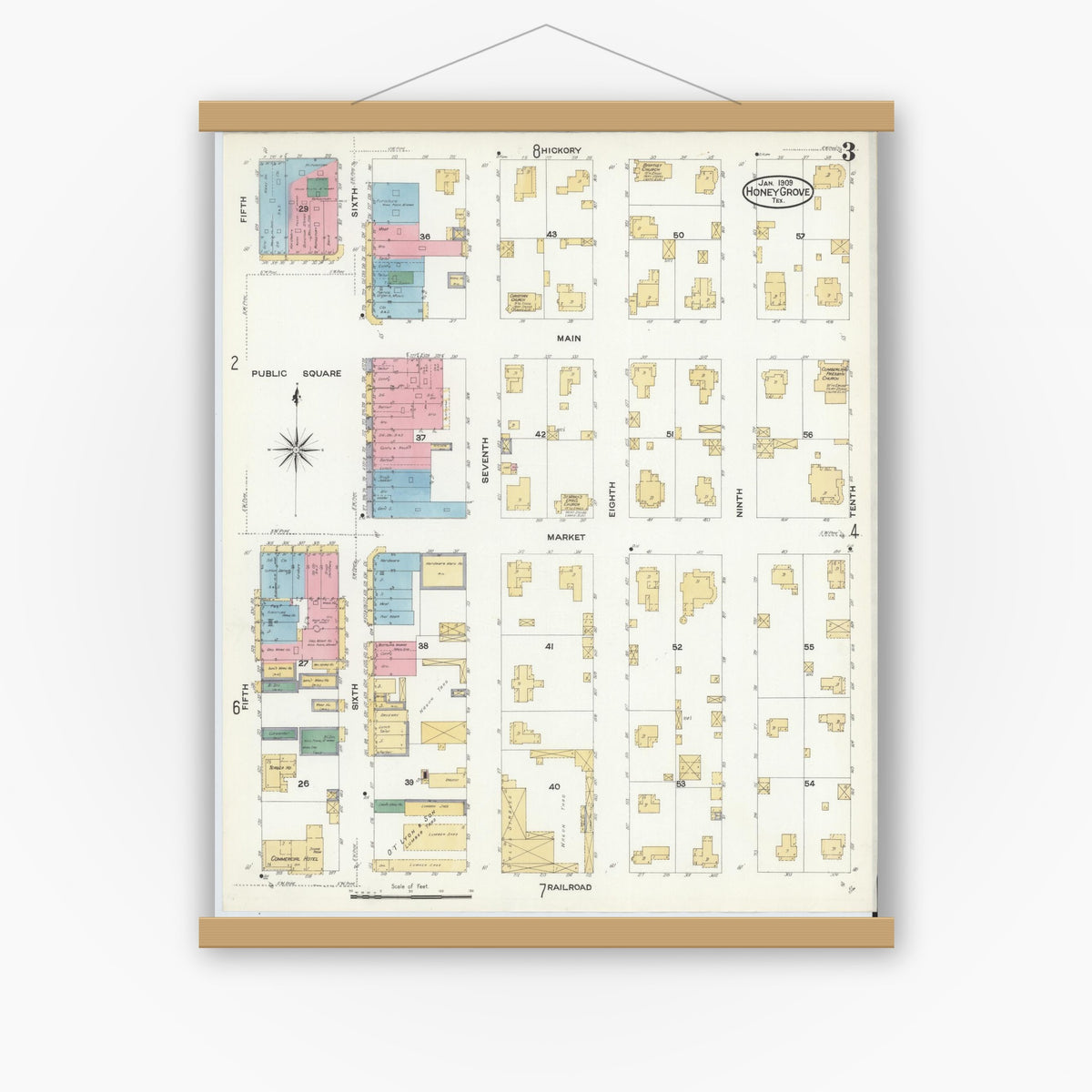 Old map wall art mockup — magnetic wood frame on white wall — Sanborn Fire Insurance Map from Honey Grove, Fannin County, Texas (1909), Sheet #0003