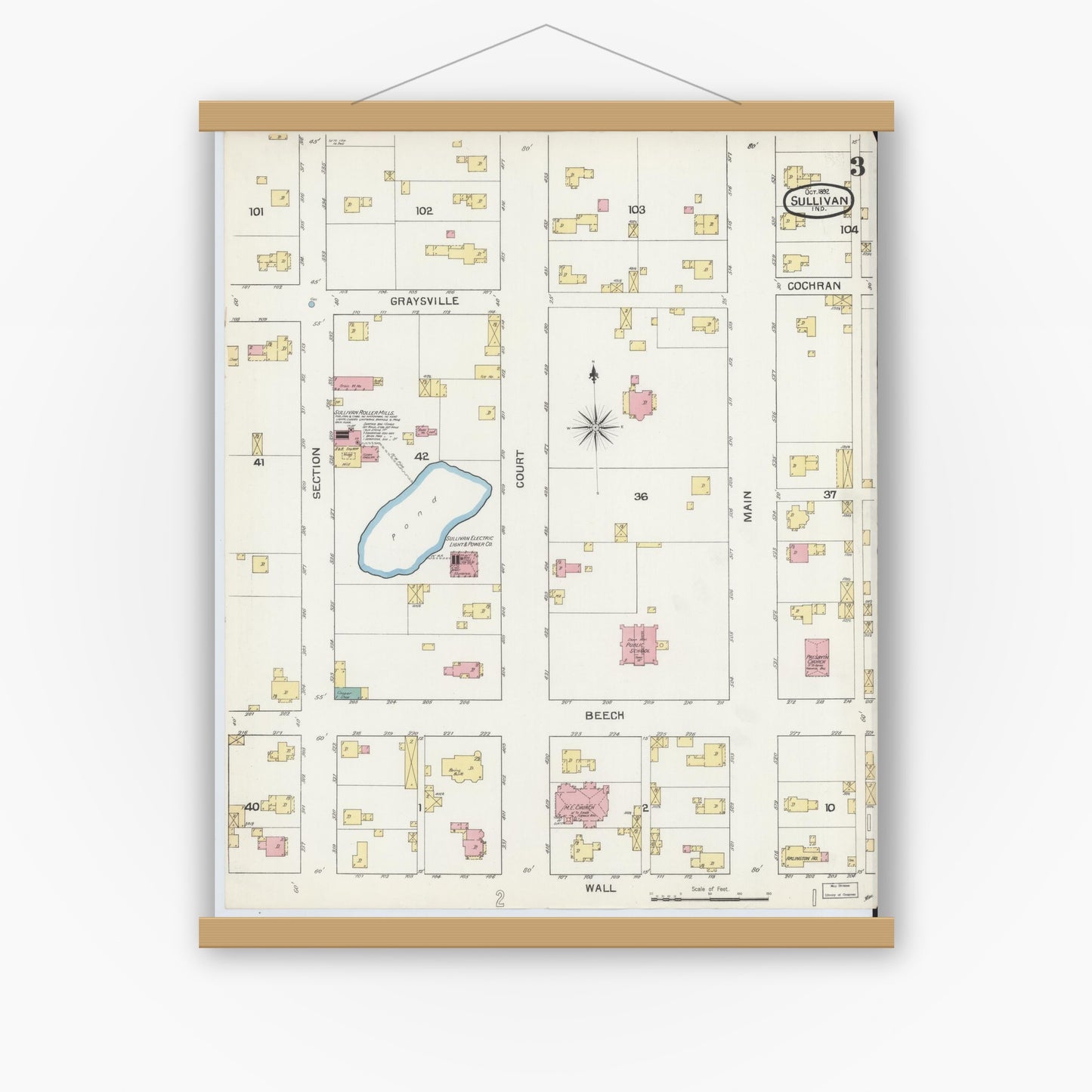 Old map wall art mockup — magnetic wood frame on white wall — Sanborn Fire Insurance Map from Sullivan, Sullivan County, Indiana (1892), Sheet #0003