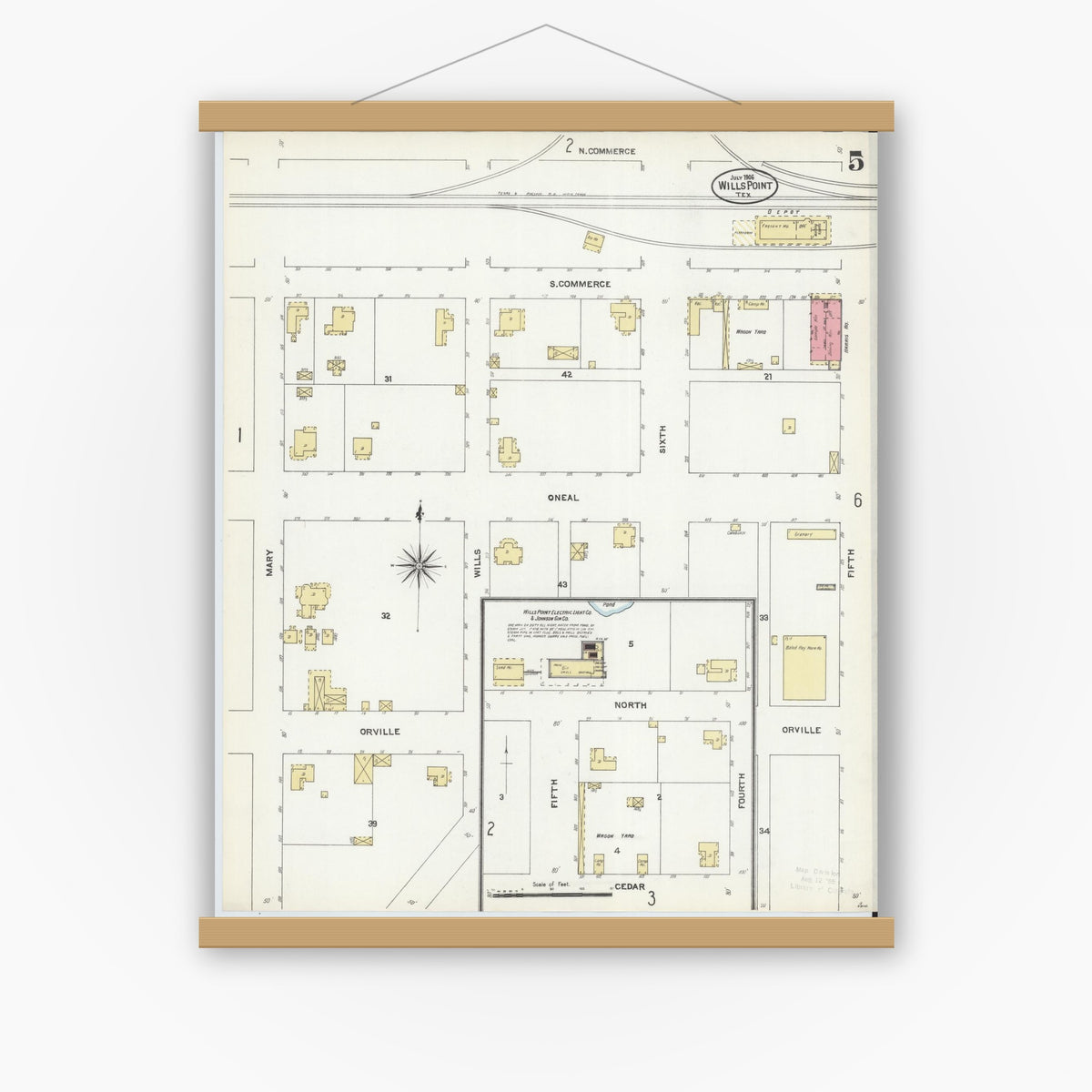 Old map wall art mockup — magnetic wood frame on white wall — Sanborn Fire Insurance Map from Wills Point, Van Zandt County, Texas (1906), Sheet #0005