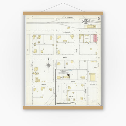 Old map wall art mockup — magnetic wood frame on white wall — Sanborn Fire Insurance Map from Wills Point, Van Zandt County, Texas (1906), Sheet #0005
