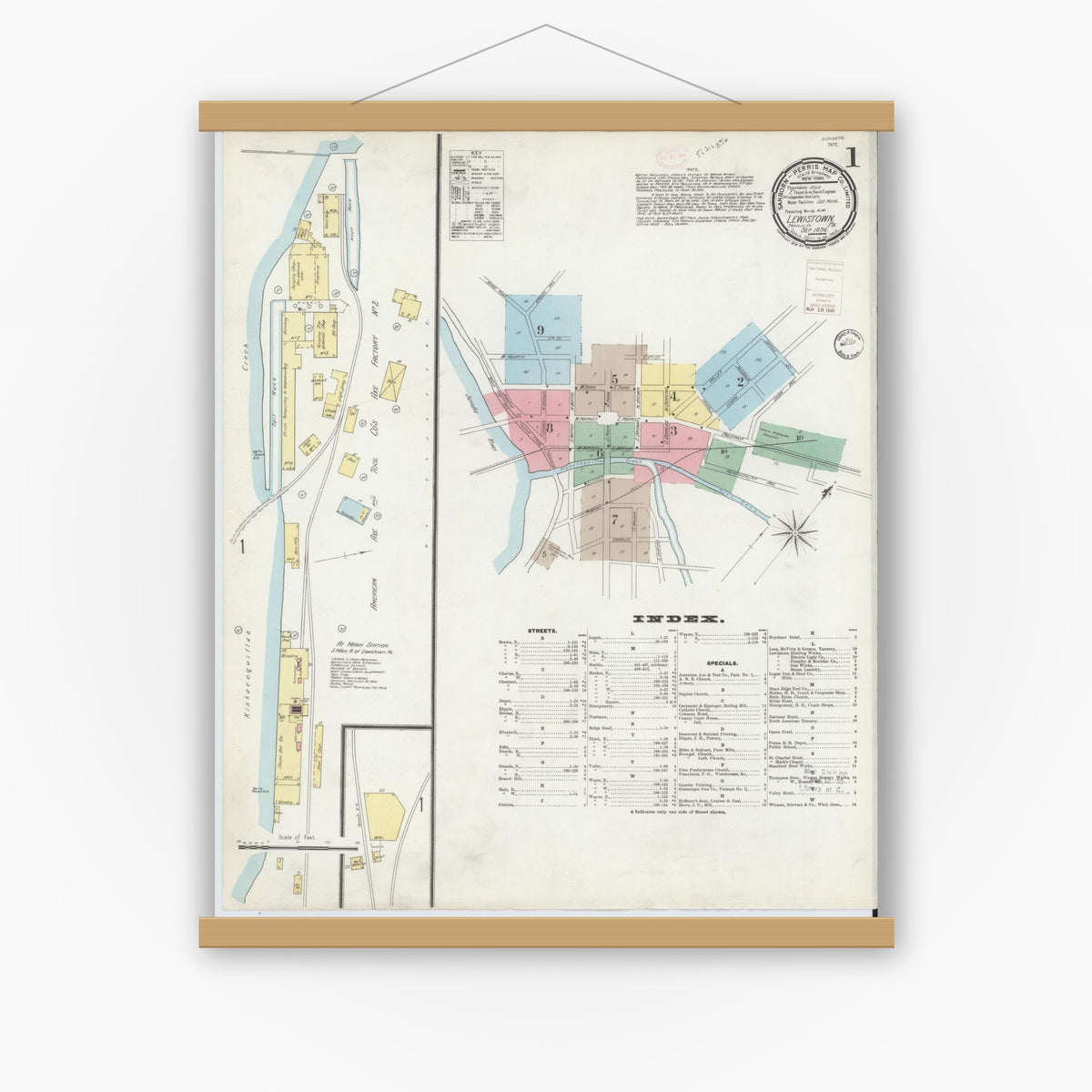 Old map wall art mockup — magnetic wood frame on white wall — Sanborn Fire Insurance Map from Lewistown, Mifflin County, Pennsylvania (1896), Sheet #0001