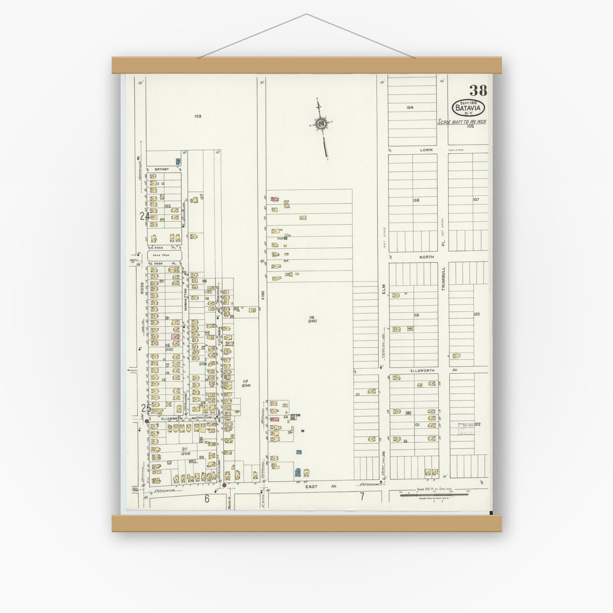 Old map wall art mockup — magnetic wood frame on white wall — Sanborn Fire Insurance Map from Batavia, Genesee County, New York (1919), Sheet #0038