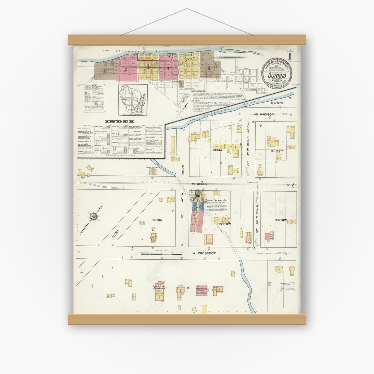 Old map wall art mockup — magnetic wood frame on white wall — Sanborn Fire Insurance Map from Durand, Pepin County, Wisconsin (1916) - Complete Map Set