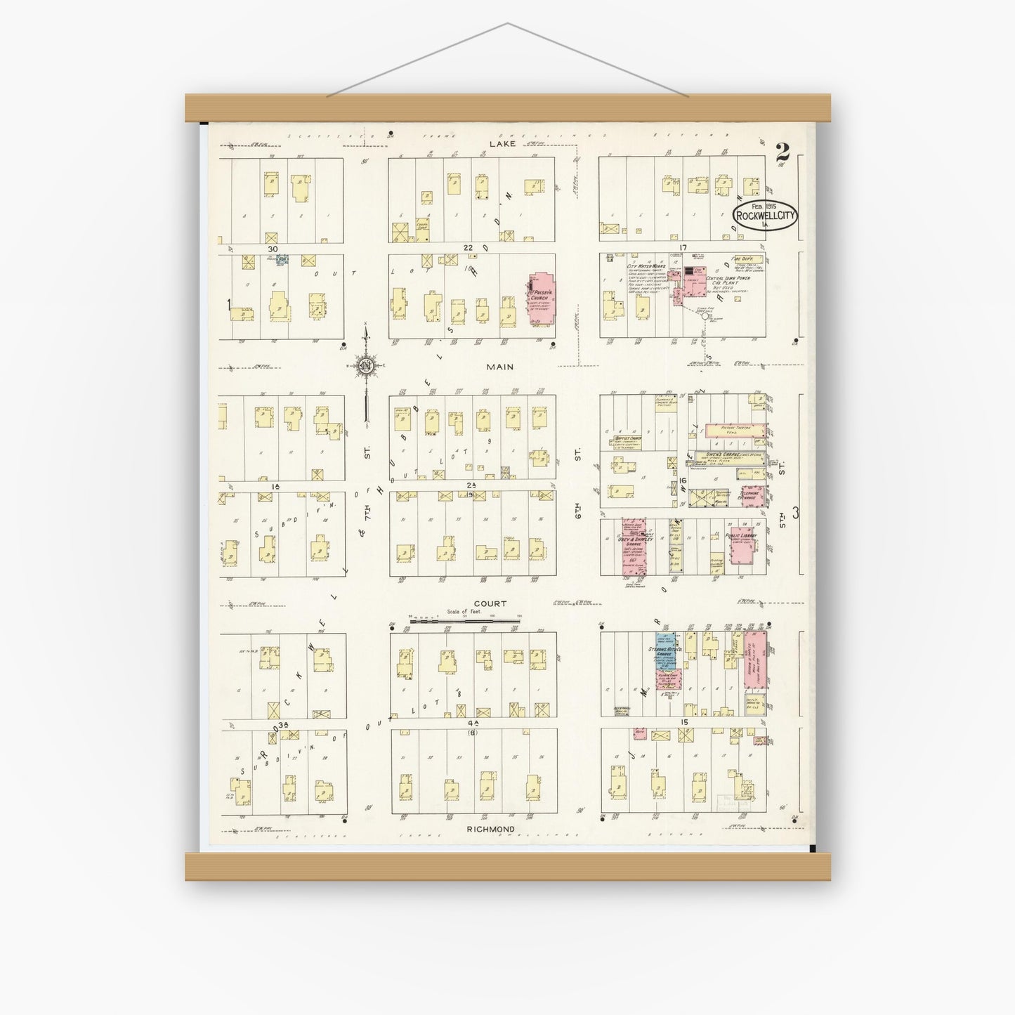 Old map wall art mockup — magnetic wood frame on white wall — Sanborn Fire Insurance Map from Rockwell City, Calhoun County, Iowa (1915), Sheet #0002