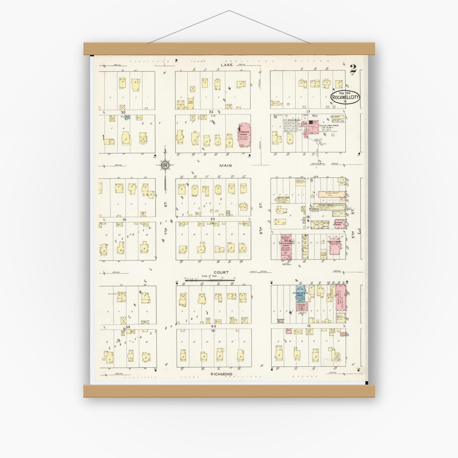 Old map wall art mockup — magnetic wood frame on white wall — Sanborn Fire Insurance Map from Rockwell City, Calhoun County, Iowa (1915), Sheet #0002