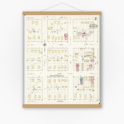 Old map wall art mockup — magnetic wood frame on white wall — Sanborn Fire Insurance Map from Rockwell City, Calhoun County, Iowa (1915), Sheet #0002