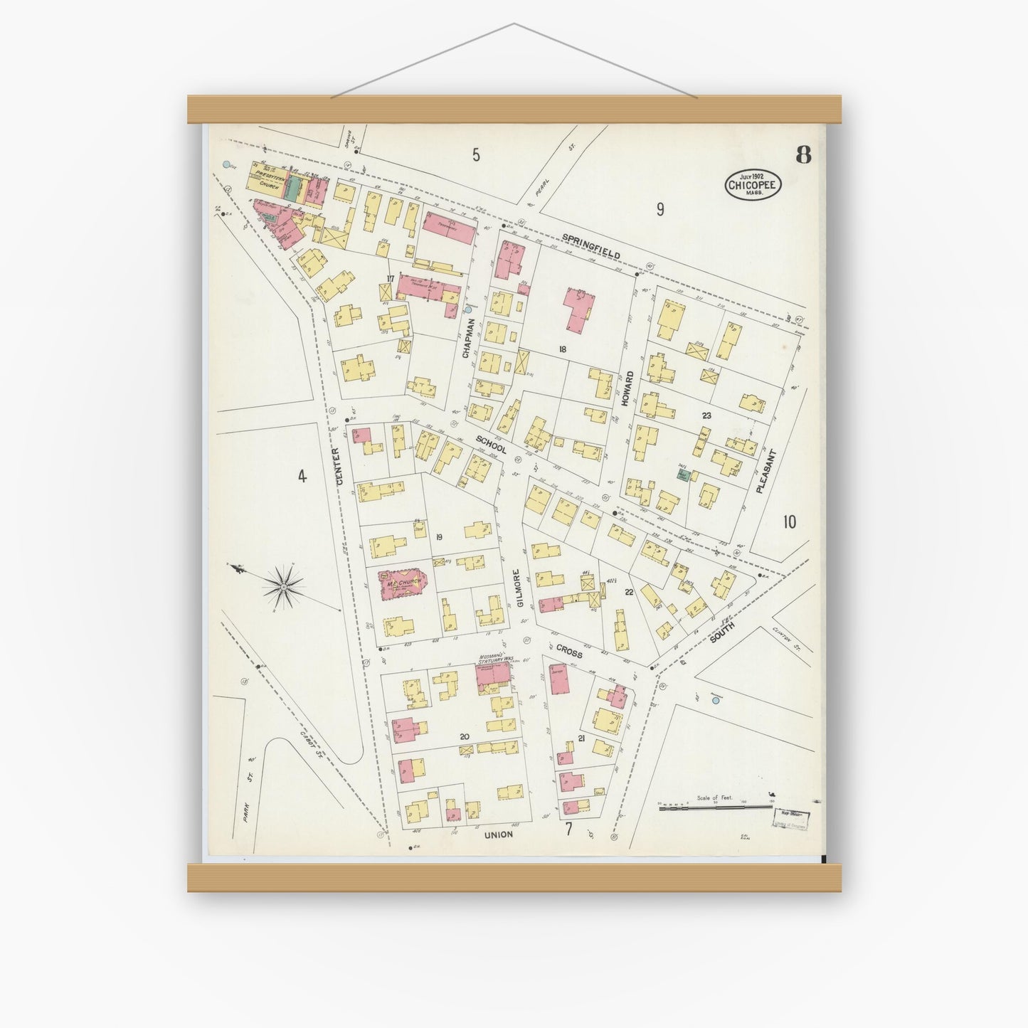 Old map wall art mockup — magnetic wood frame on white wall — Sanborn Fire Insurance Map from Chicopee, Hampden County, Massachusetts (1902), Sheet #0008