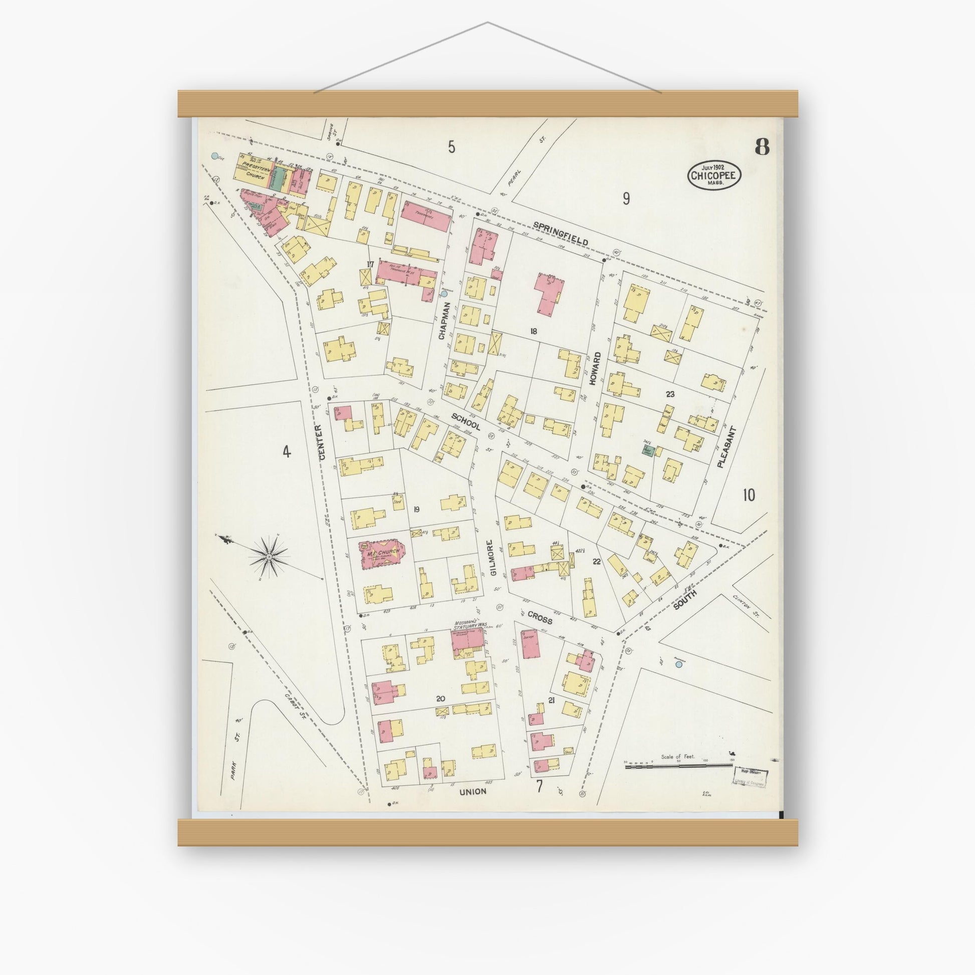 Old map wall art mockup — magnetic wood frame on white wall — Sanborn Fire Insurance Map from Chicopee, Hampden County, Massachusetts (1902), Sheet #0008
