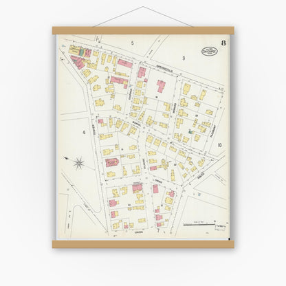 Old map wall art mockup — magnetic wood frame on white wall — Sanborn Fire Insurance Map from Chicopee, Hampden County, Massachusetts (1902), Sheet #0008