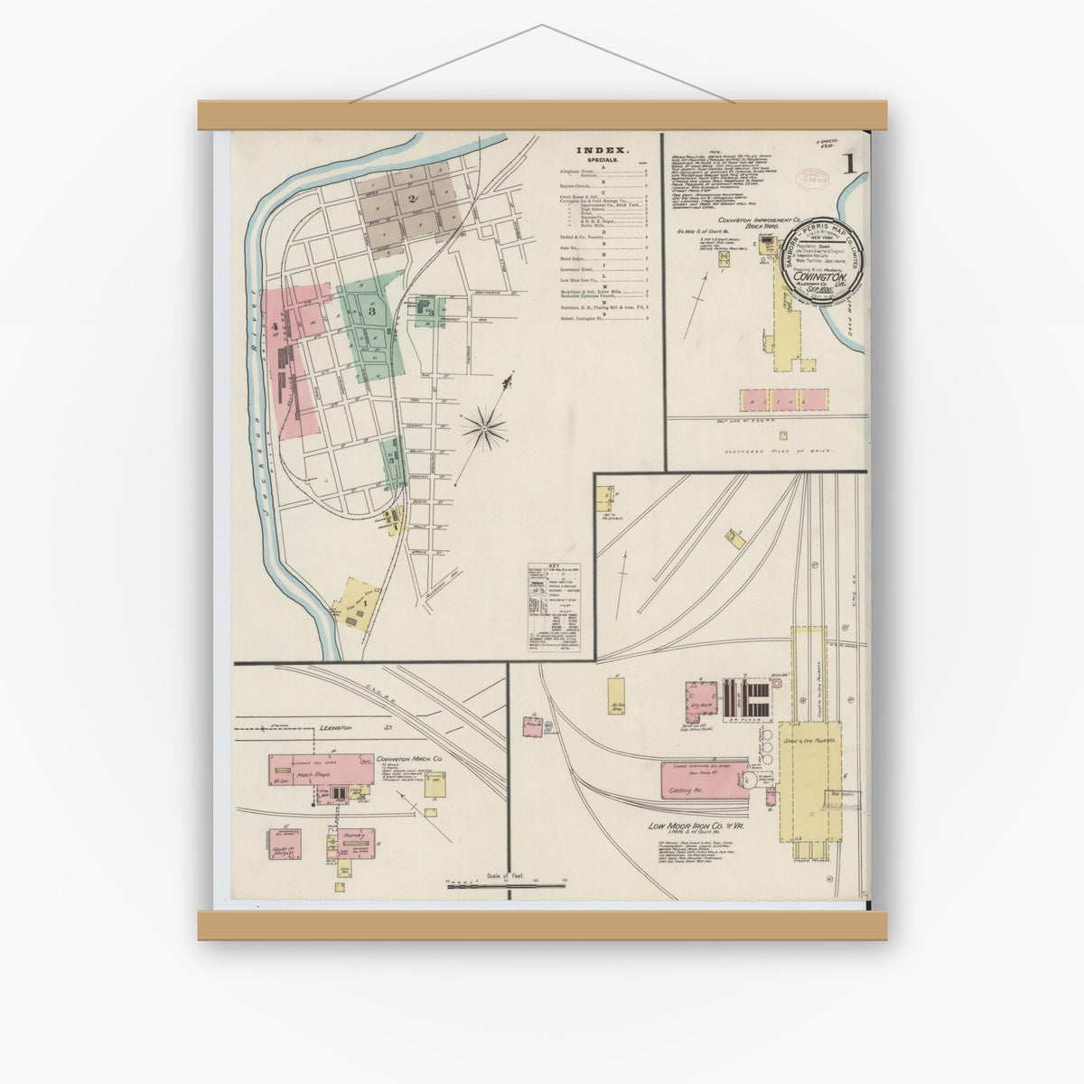 Old map wall art mockup — magnetic wood frame on white wall — Sanborn Fire Insurance Map from Covington, Independent Cities, Virginia (1895) - Complete Map Set