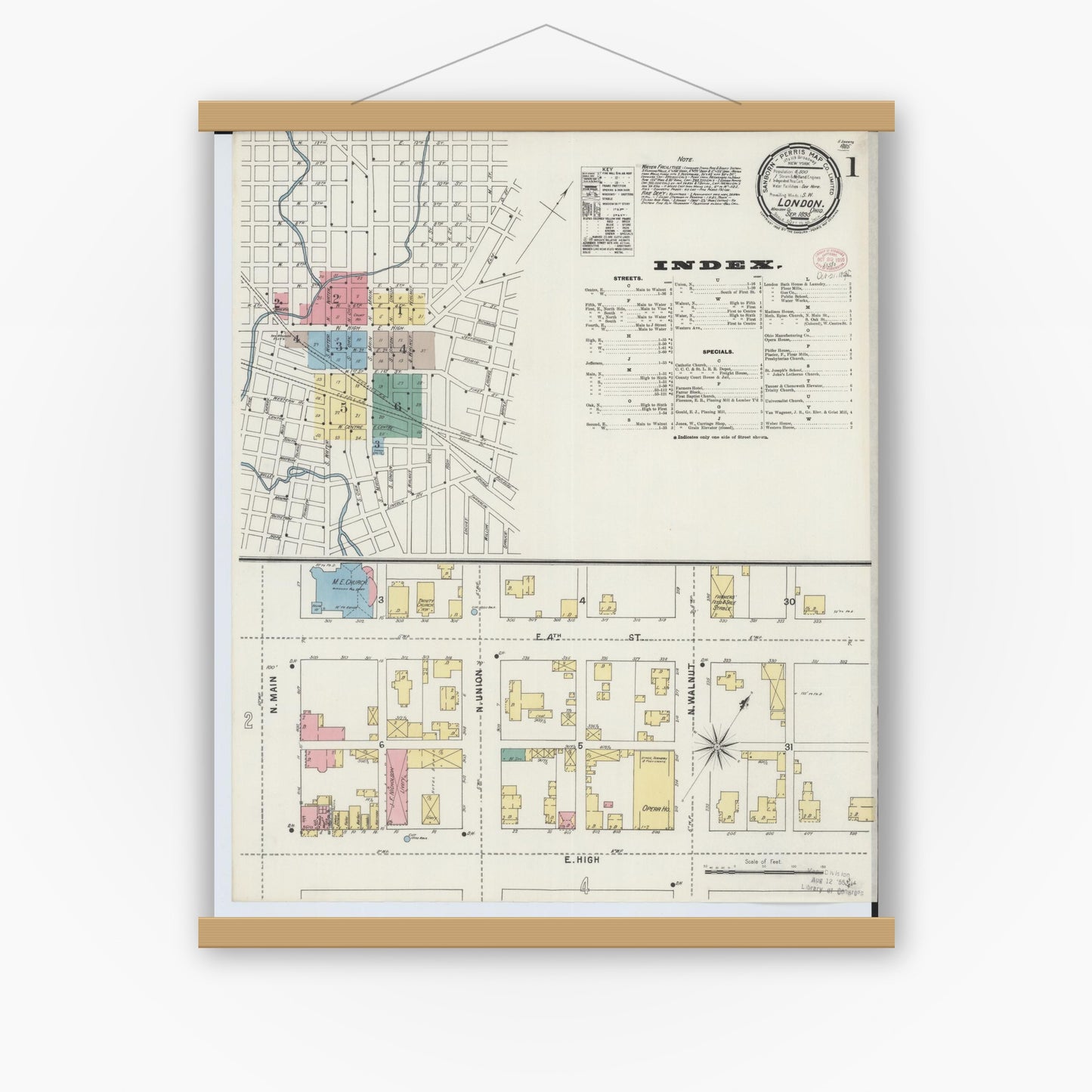 Old map wall art mockup — magnetic wood frame on white wall — Sanborn Fire Insurance Map from London, Madison County, Ohio (1895) - Complete Map Set
