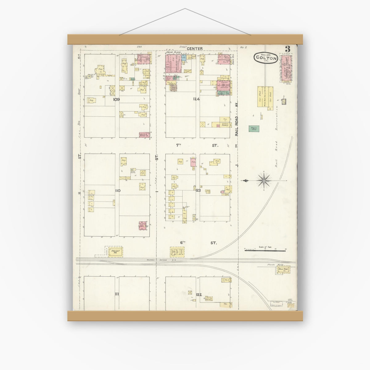 Old map wall art mockup — magnetic wood frame on white wall — Sanborn Fire Insurance Map from Colton, San Bernardino County, California (1891), Sheet #0003