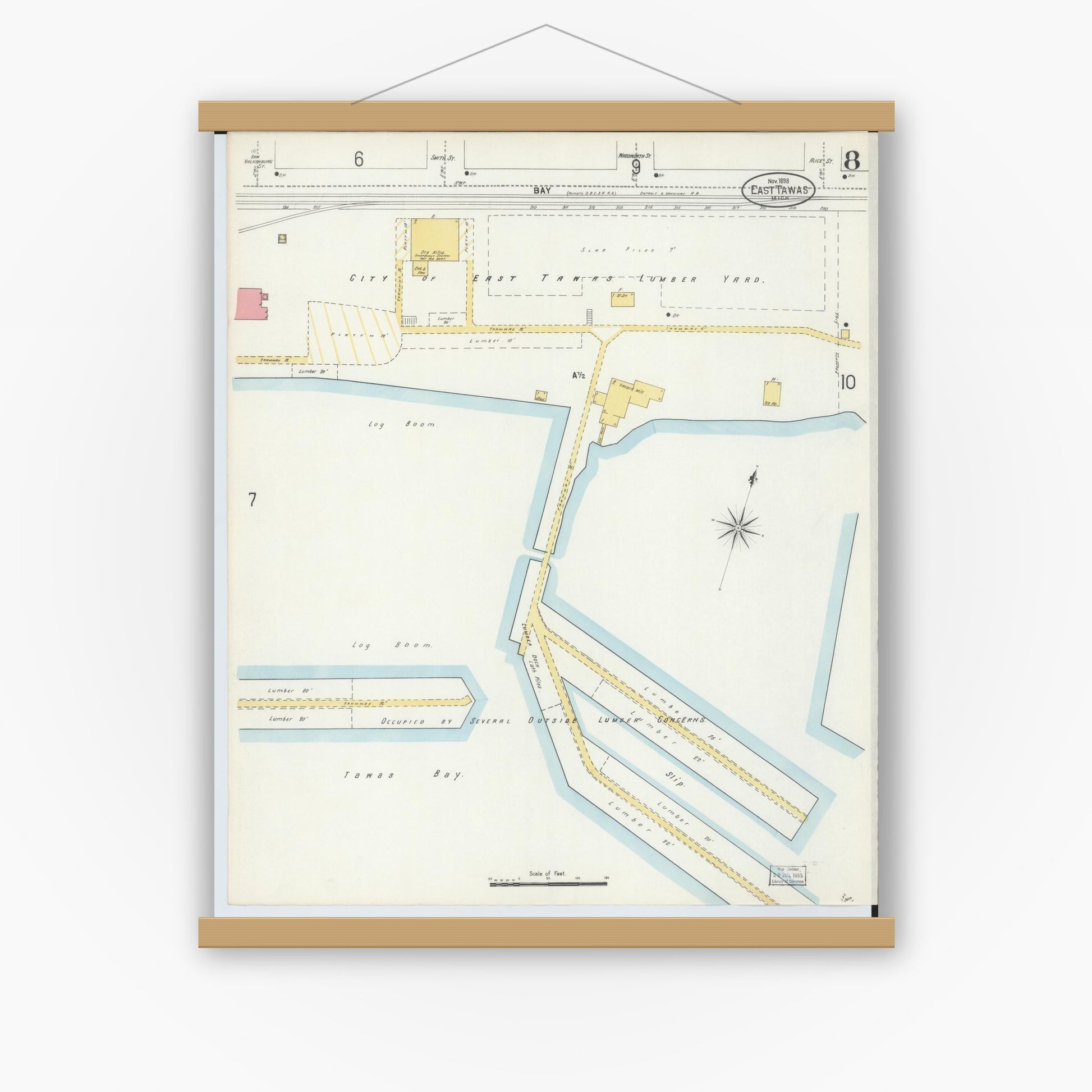 Old map wall art mockup — magnetic wood frame on white wall — Sanborn Fire Insurance Map from East Tawas, Iosco County, Michigan (1898), Sheet #0008