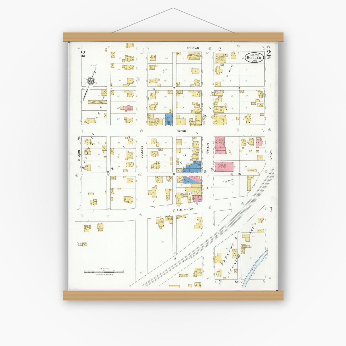 Old map wall art mockup — magnetic wood frame on white wall — Sanborn Fire Insurance Map from Butler, Richland County, Ohio (1926), Sheet #0002