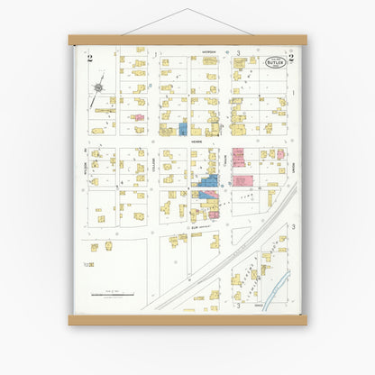 Old map wall art mockup — magnetic wood frame on white wall — Sanborn Fire Insurance Map from Butler, Richland County, Ohio (1926), Sheet #0002