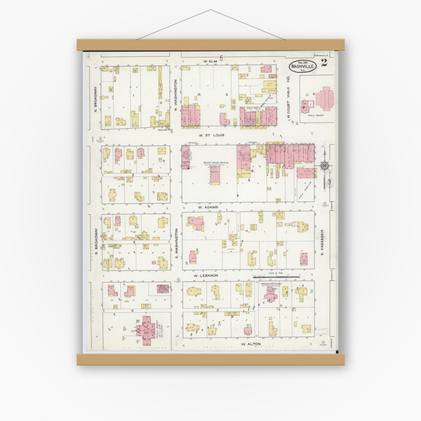 Old map wall art mockup — magnetic wood frame on white wall — Sanborn Fire Insurance Map from Nashville, Washington County, Illinois (1915), Sheet #0002