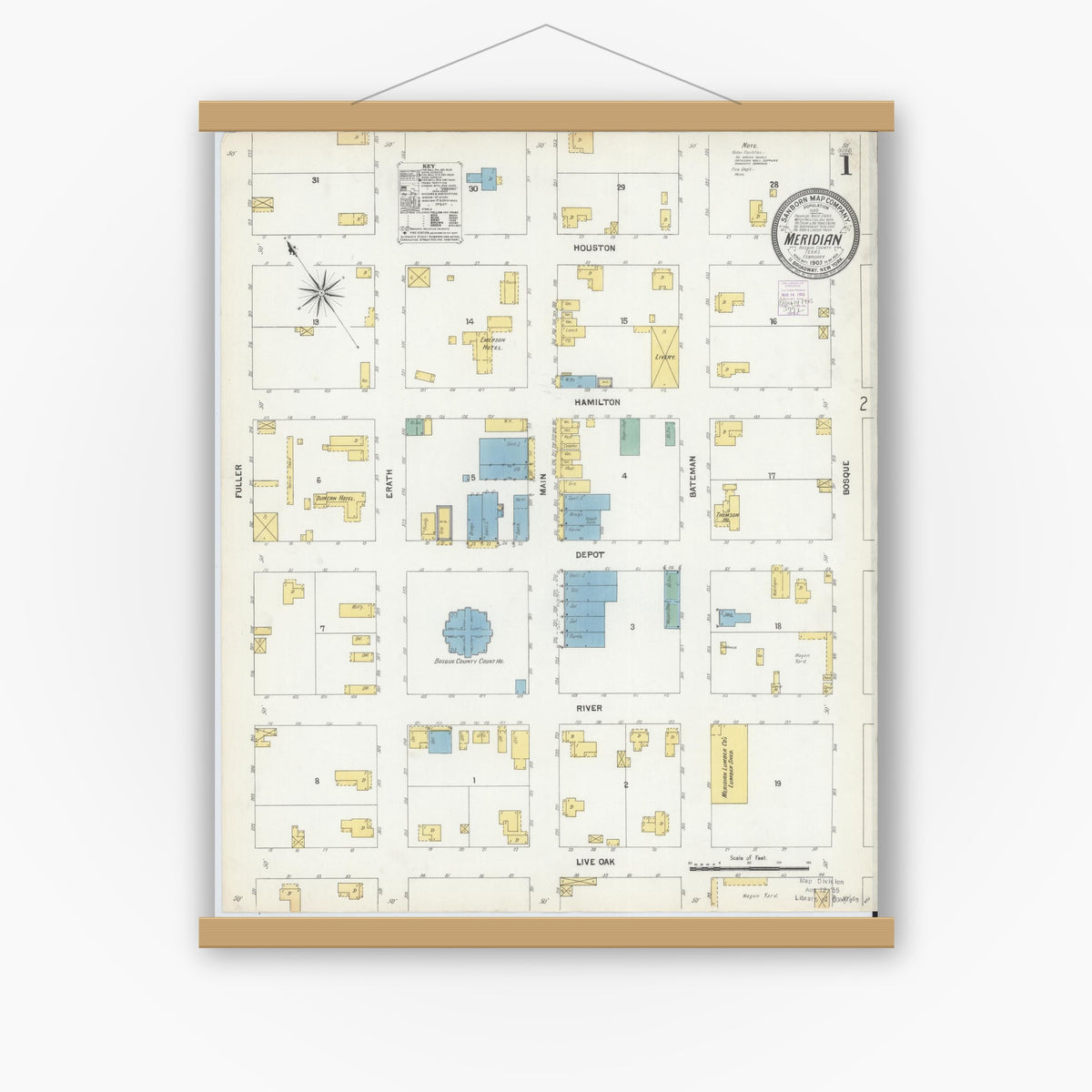 Old map wall art mockup — magnetic wood frame on white wall — Sanborn Fire Insurance Map from Meridian, Bosque County, Texas (1903), Sheet #0001
