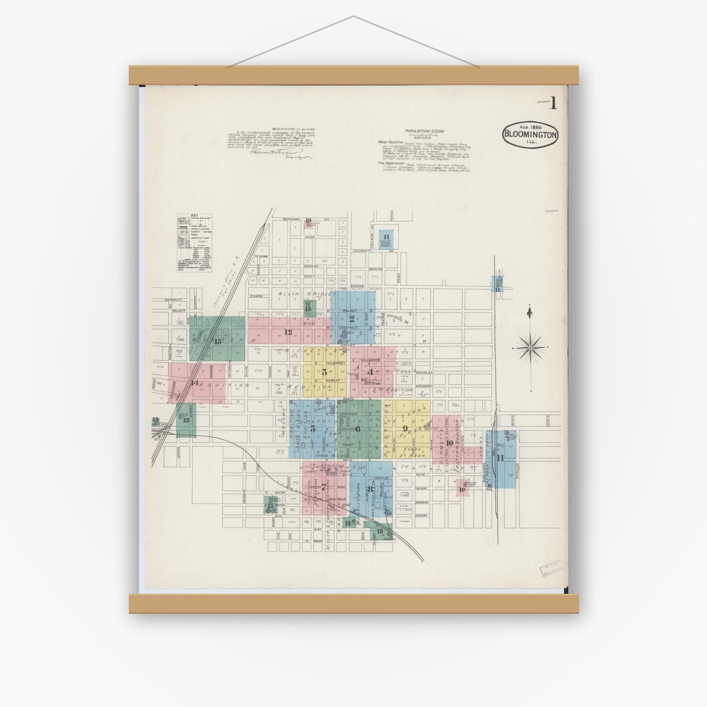 Old map wall art mockup — magnetic wood frame on white wall — Sanborn Fire Insurance Map from Bloomington, McLean County, Illinois (1886) - Complete Map Set