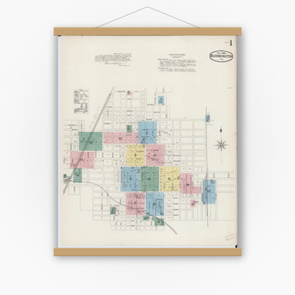 Old map wall art mockup — magnetic wood frame on white wall — Sanborn Fire Insurance Map from Bloomington, McLean County, Illinois (1886) - Complete Map Set