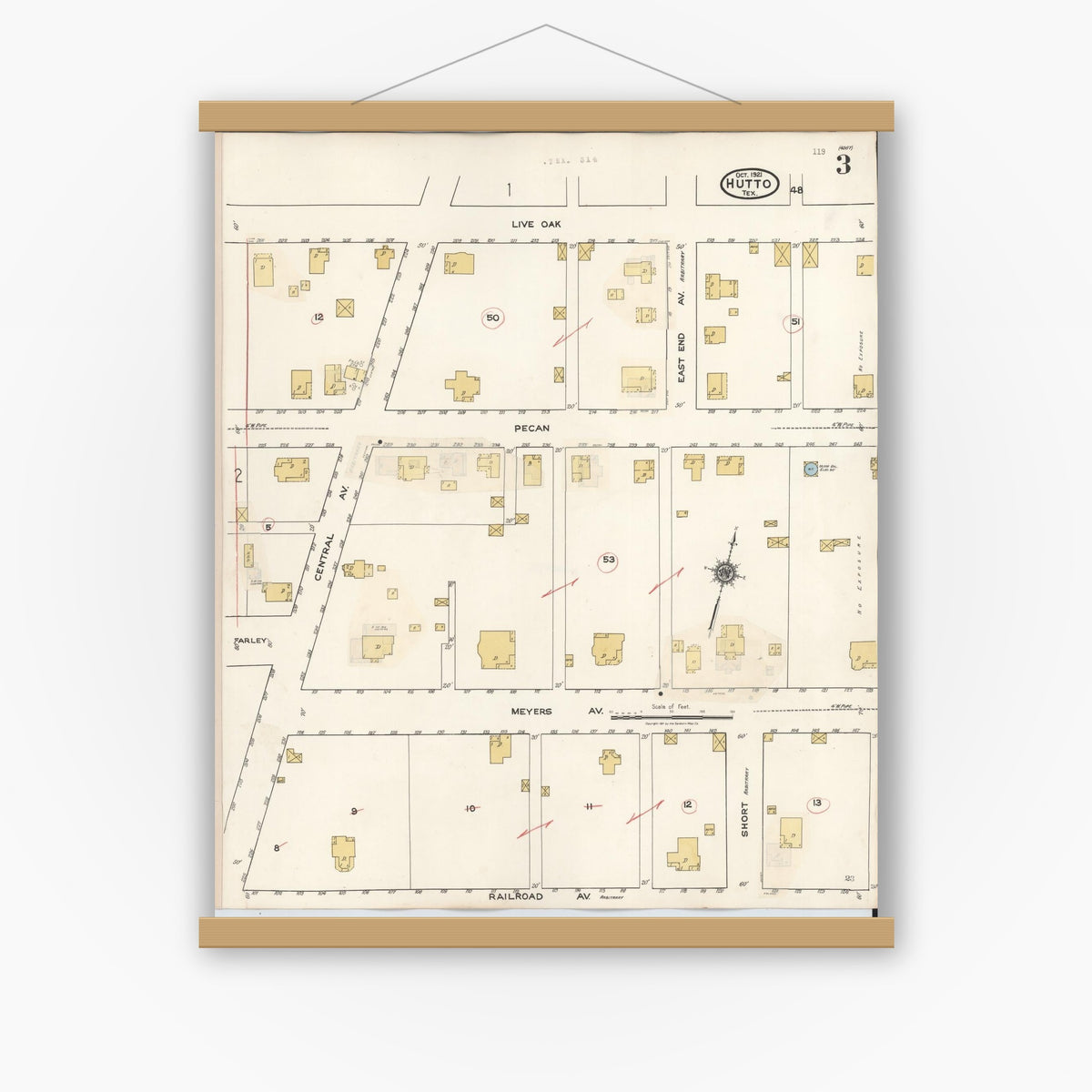 Old map wall art mockup — magnetic wood frame on white wall — Sanborn Fire Insurance Map from Hutto, Williamson County, Texas (1937), Sheet #0003