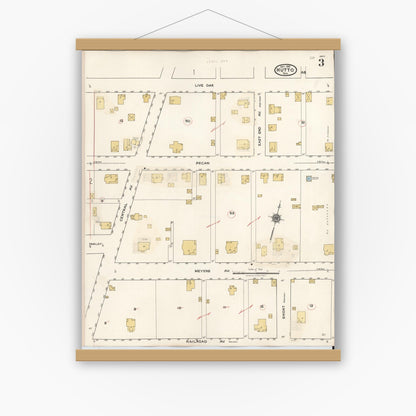 Old map wall art mockup — magnetic wood frame on white wall — Sanborn Fire Insurance Map from Hutto, Williamson County, Texas (1937), Sheet #0003