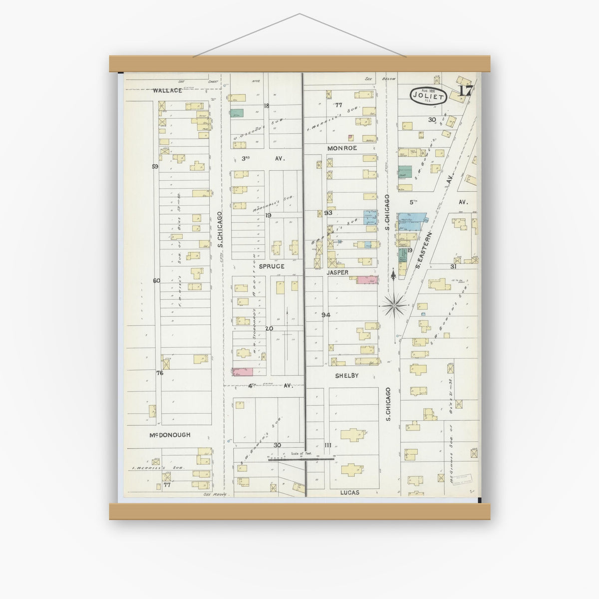 Old map wall art mockup — magnetic wood frame on white wall — Sanborn Fire Insurance Map from Joliet, Will County, Illinois (1891), Sheet #0017