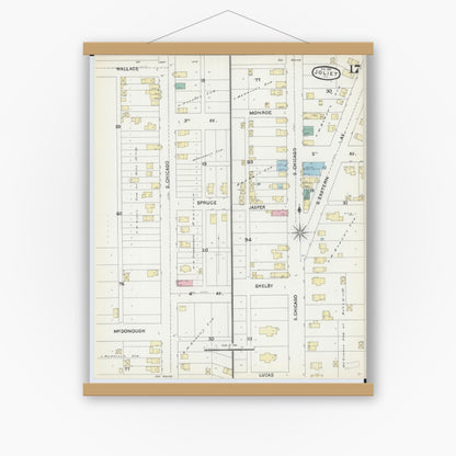 Old map wall art mockup — magnetic wood frame on white wall — Sanborn Fire Insurance Map from Joliet, Will County, Illinois (1891), Sheet #0017