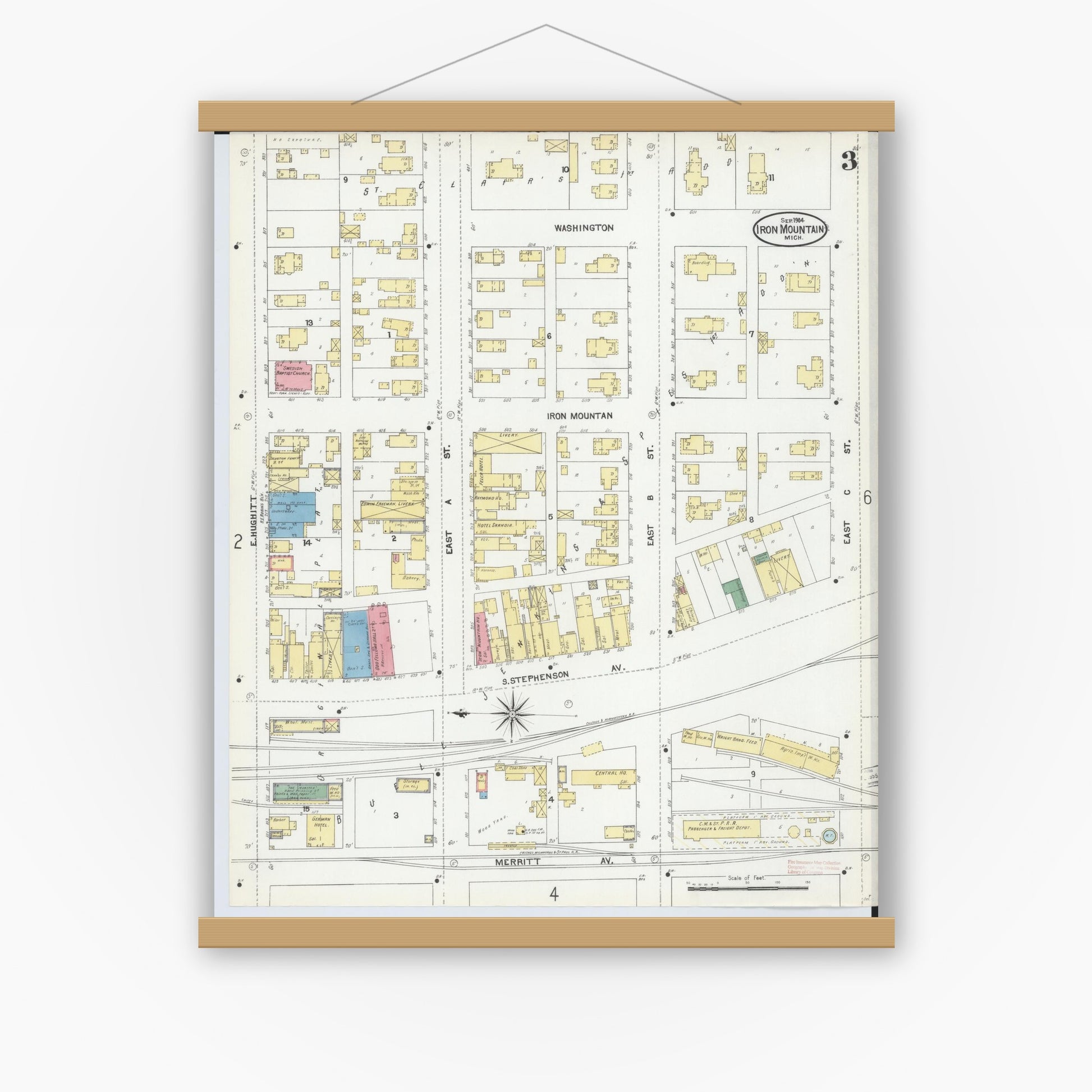 Old map wall art mockup — magnetic wood frame on white wall — Sanborn Fire Insurance Map from Iron Mountain, Dickinson County, Michigan (1904), Sheet #0003