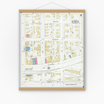 Old map wall art mockup — magnetic wood frame on white wall — Sanborn Fire Insurance Map from Iron Mountain, Dickinson County, Michigan (1904), Sheet #0003
