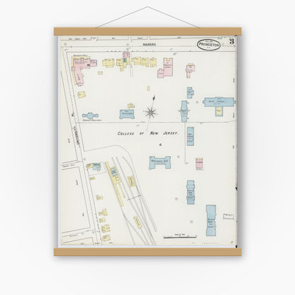 Old map wall art mockup — magnetic wood frame on white wall — Sanborn Fire Insurance Map from Princeton, Mercer County, New Jersey (1890), Sheet #0003