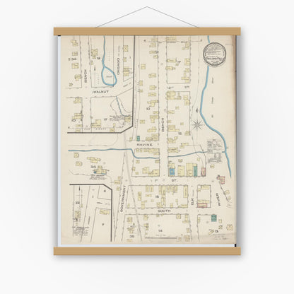 Old map wall art mockup — magnetic wood frame on white wall — Sanborn Fire Insurance Map from Taylors Falls, Chisago County, Minnesota (1885), Sheet #0001