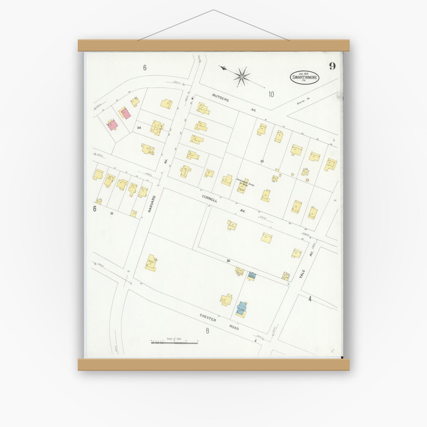 Old map wall art mockup — magnetic wood frame on white wall — Sanborn Fire Insurance Map from Swarthmore, Delaware County, Pennsylvania (1909), Sheet #0009