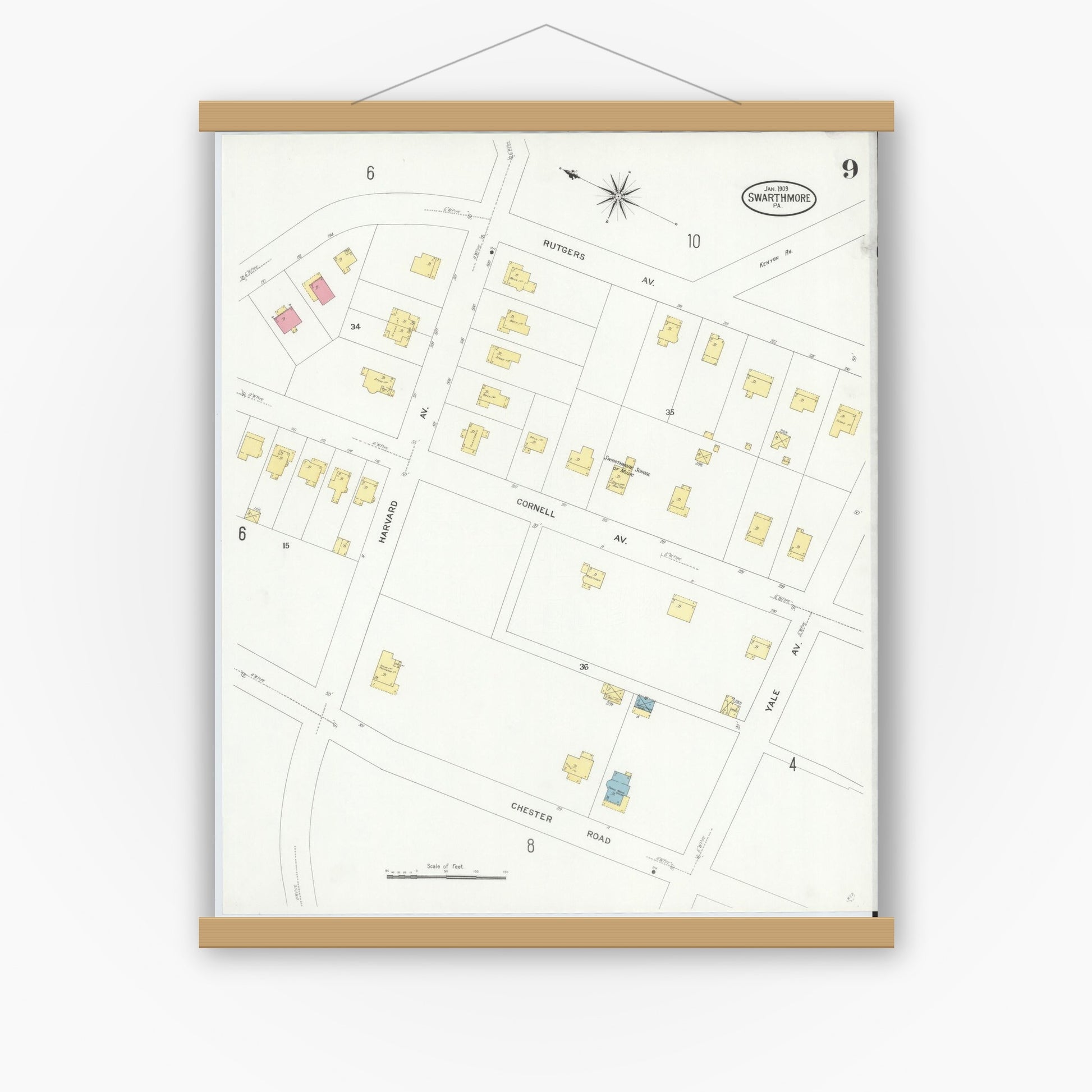 Old map wall art mockup — magnetic wood frame on white wall — Sanborn Fire Insurance Map from Swarthmore, Delaware County, Pennsylvania (1909), Sheet #0009