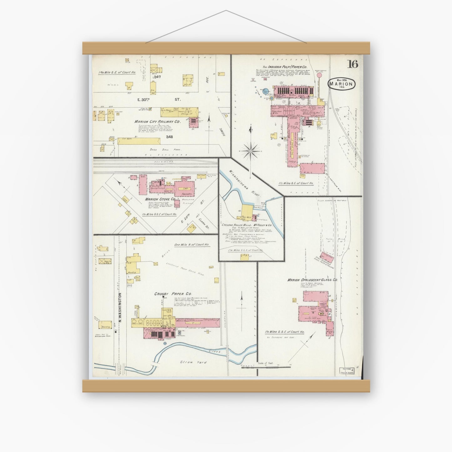 Old map wall art mockup — magnetic wood frame on white wall — Sanborn Fire Insurance Map from Marion, Grant County, Indiana (1896), Sheet #0016