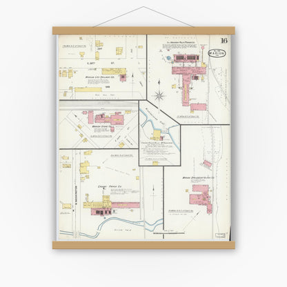 Old map wall art mockup — magnetic wood frame on white wall — Sanborn Fire Insurance Map from Marion, Grant County, Indiana (1896), Sheet #0016