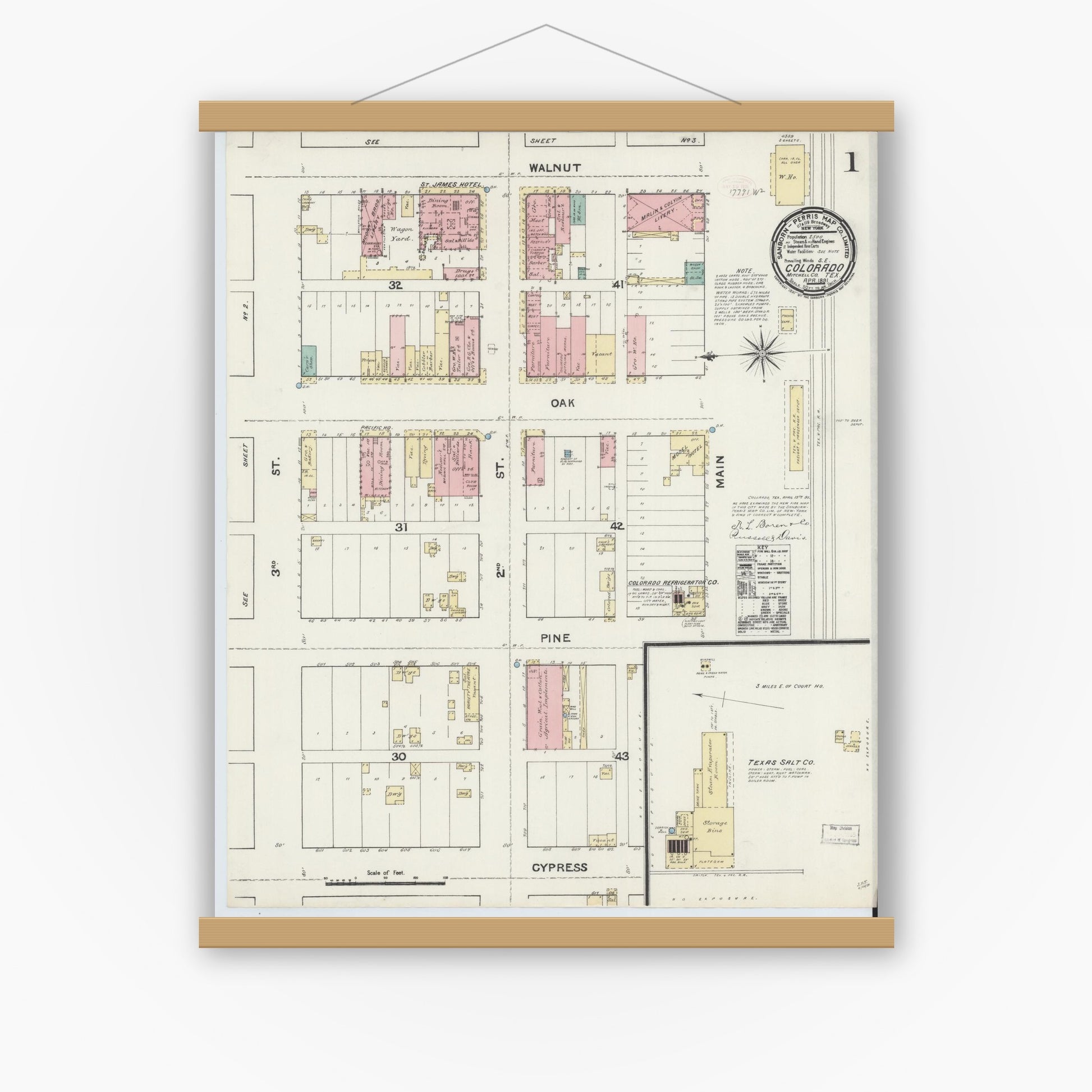 Old map wall art mockup — magnetic wood frame on white wall — Sanborn Fire Insurance Map from Colorado, Mitchell County, Texas (1891) - Complete Map Set