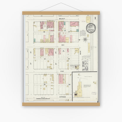 Old map wall art mockup — magnetic wood frame on white wall — Sanborn Fire Insurance Map from Colorado, Mitchell County, Texas (1891) - Complete Map Set