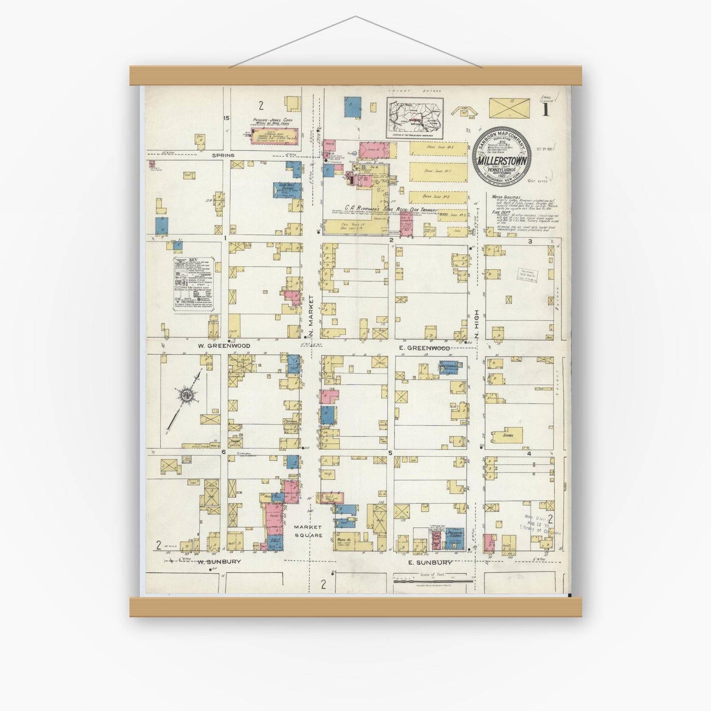 Old map wall art mockup — magnetic wood frame on white wall — Sanborn Fire Insurance Map from Millerstown, Perry County, Pennsylvania (1921) - Complete Map Set